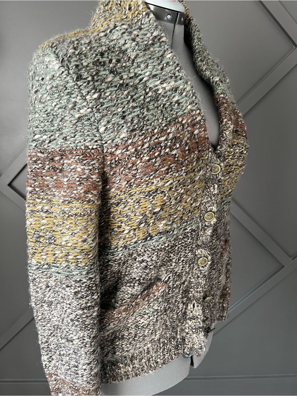 Wilfred Multicolor Gray Brown Olive Knit Shawl Collar Cardigan - Picture 6 of 9